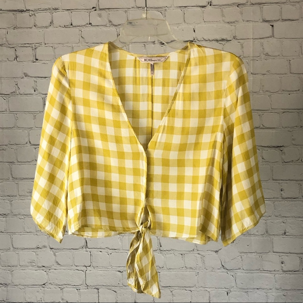 SHIRT - Women's BCBGeneration yellow and white gingham cropped tie front top.